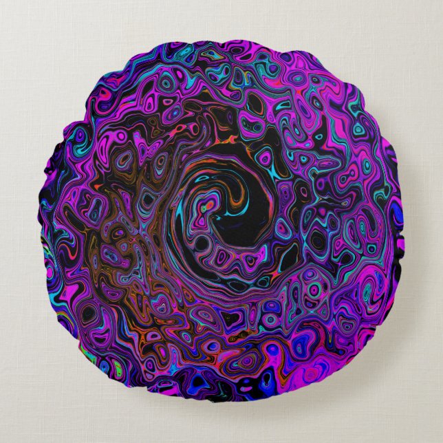 Trippy Black und Magenta Retro Liquid Swirl Rundes Kissen (Vorderseite)