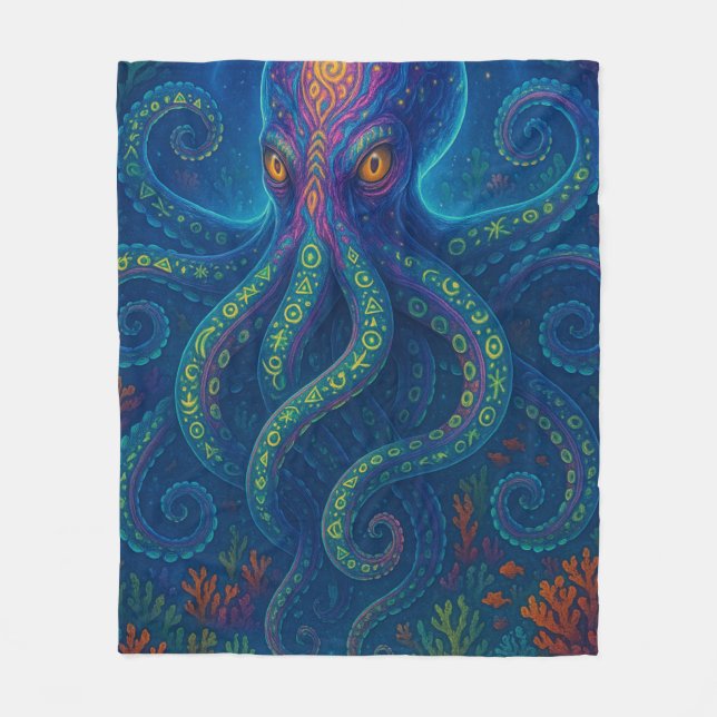 Trippy Blue Octopus Fleecedecke (Vorderseite)