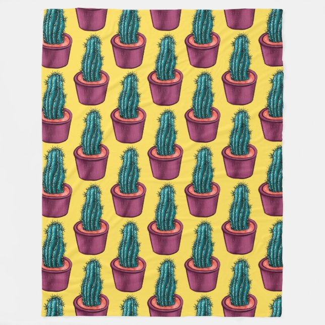 Trippy Cactus Pattern Yellow Weird Psychedelic Fleecedecke (Vorderseite)