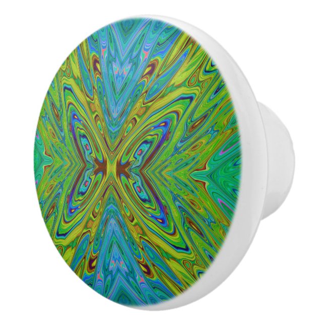 Trippy Chartreuse und Blue Abstrakt Butterfly Keramikknauf (Rechts)