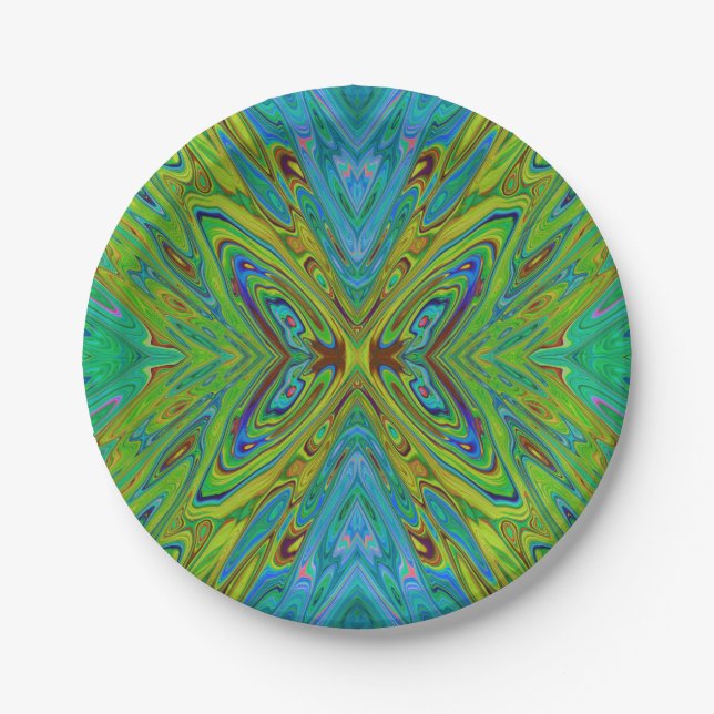 Trippy Chartreuse und Blue Abstrakt Butterfly Pappteller (Vorderseite)
