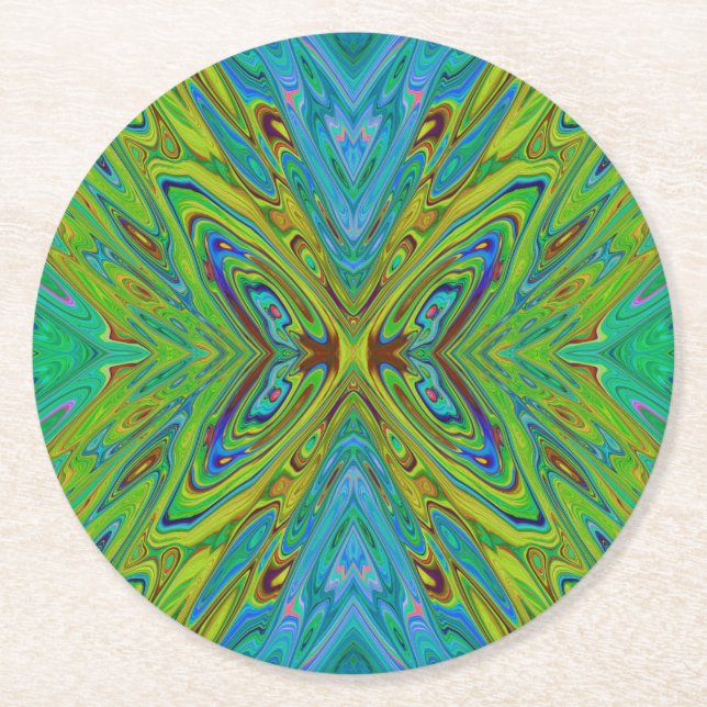 Trippy Chartreuse und Blue Abstrakt Butterfly Runder Pappuntersetzer (Vorderseite)