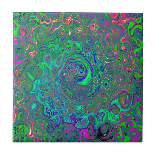 Trippy Chartreuse und Blue Retro Liquid Swirl Fliese (Vorderseite)