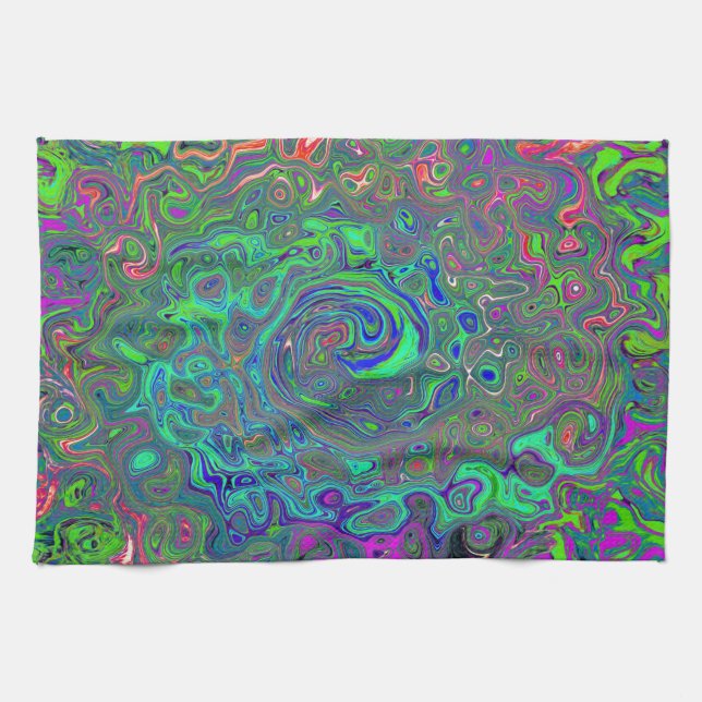 Trippy Chartreuse und Blue Retro Liquid Swirl Geschirrtuch (Horizontal)