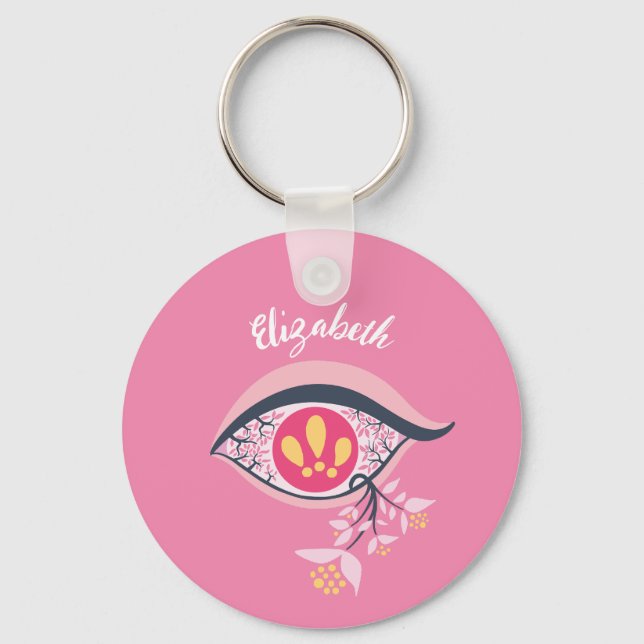 Trippy Eye Pink Floral Psychedelic Name Schlüsselanhänger (Vorderseite)