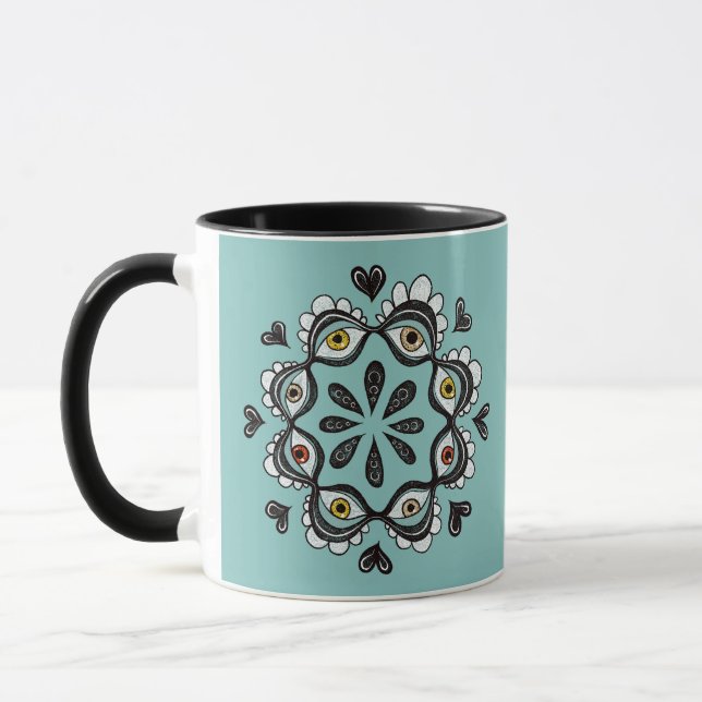 Trippy Eyes with Hearts Surreal Art - Tinte Zeichn Tasse (Links)