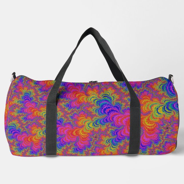 Trippy Funky Bold Abstraktes Rainbow-Fraktal Duffle Bag (Vorderseite)