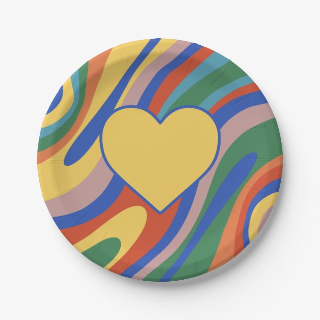Trippy Heart Colorful Retro Pop Abstraktes Muster Pappteller (Vorderseite)