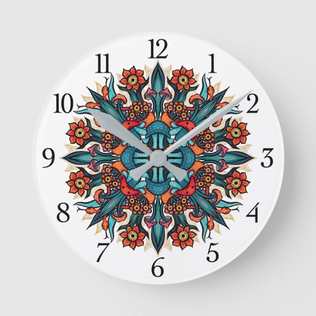 Trippy hippie psychedelic groovy mushroom mandala runde wanduhr (Vorderseite)