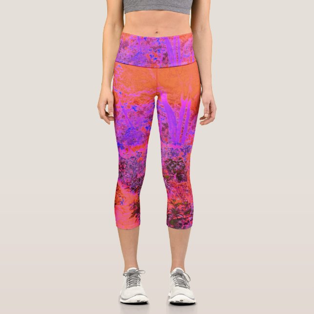 Trippy Magenta und Orange Impressionistischer Gart Capri Leggings (Vorderseite)