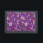 Trippy Mushrooms Retro Purple, Pink, & Black Trifold Geldbörse<br><div class="desc">This wallet is decorated with trippy,  psychedelic illustrated mushrooms and flowers in shades of hot pink and bold purple against a black background.</div>