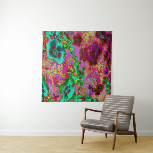 Trippy psychedelische smaragdgrüne Blumen Wandteppich