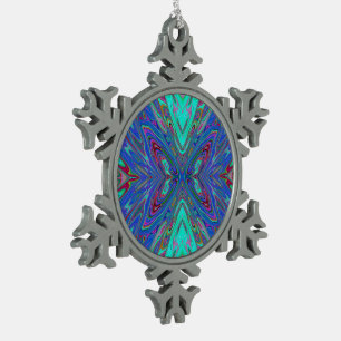 Trippy Retro Blaues und Rotes Abstraktes Schmetter Schneeflocken Zinn-Ornament