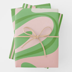 Trippy Retro Boho Abstrakte Muster grün und rosa Geschenkpapier Set