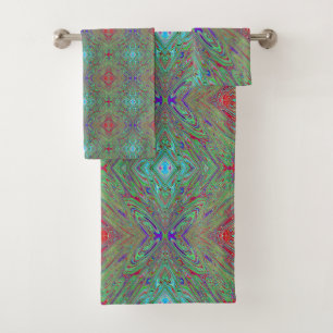 Trippy Retro Lila und grüner Abstrakter Schmetterl Badhandtuch Set