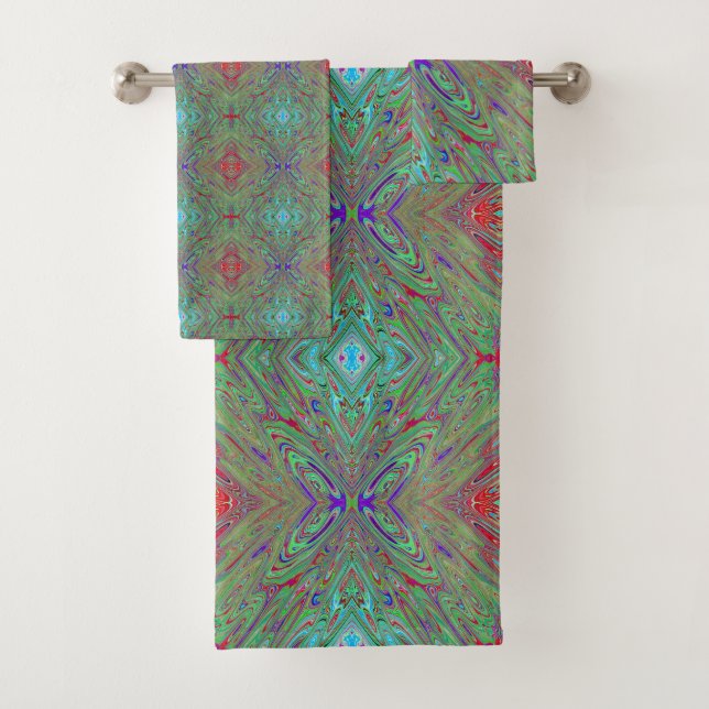 Trippy Retro Lila und grüner Abstrakter Schmetterl Badhandtuch Set (Insitu)