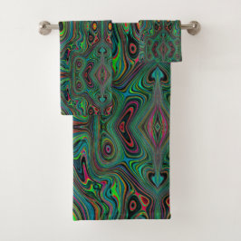 Trippy Retro Schwarz und Lime Green Abstraktes Mus Badhandtuch Set