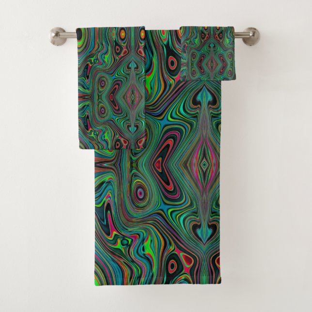 Trippy Retro Schwarz und Lime Green Abstraktes Mus Badhandtuch Set (Insitu)