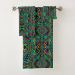 Trippy Retro Schwarz und Lime Green Abstraktes Mus Badhandtuch Set
