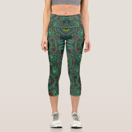 Trippy Retro Schwarz und Lime Green Abstraktes Mus Capri Leggings
