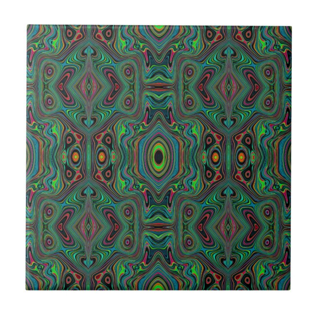 Trippy Retro Schwarz und Lime Green Abstraktes Mus Fliese (Vorderseite)