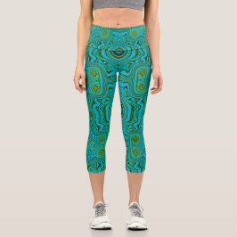 Trippy Retro Türkis Chartreuse Abstraktes Muster Capri Leggings