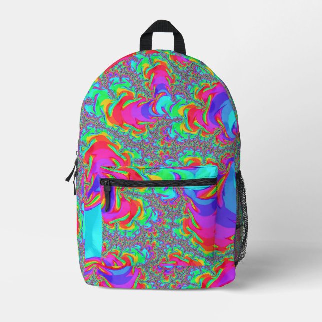 Trippy Retro Vibranntes Neon Rainbow Fraktal Art Bedruckter Rucksack (Vorderseite)