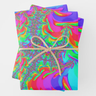 Trippy Retro Vibranntes Neon Rainbow Fraktal Art Geschenkpapier Set