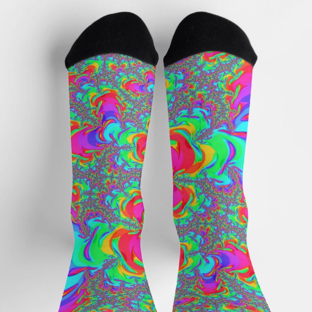 Trippy Retro Vibranntes Neon Rainbow Fraktal Art Socken (Oben)