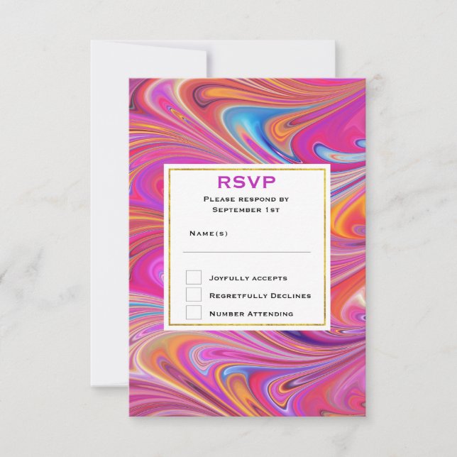 Trippy-Rosa- und Orange-Wirble Design-Hochzeit RSVP Karte (Vorderseite)