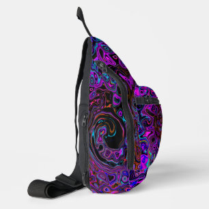 Trippy Schwarz und Magenta Retro Flüssigkeitswirbe Crossbody Bag