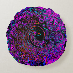 Trippy Schwarz und Magenta Retro Flüssigkeitswirbe Rundes Kissen