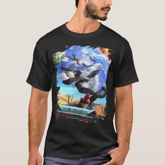 Trippy Siam Cat Cosmic Car Driving in Space Gal T-Shirt (Vorderseite)