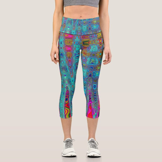 Trippy Sky Blue Abstrakt Retro AtomWaves Capri Leggings (Vorderseite)