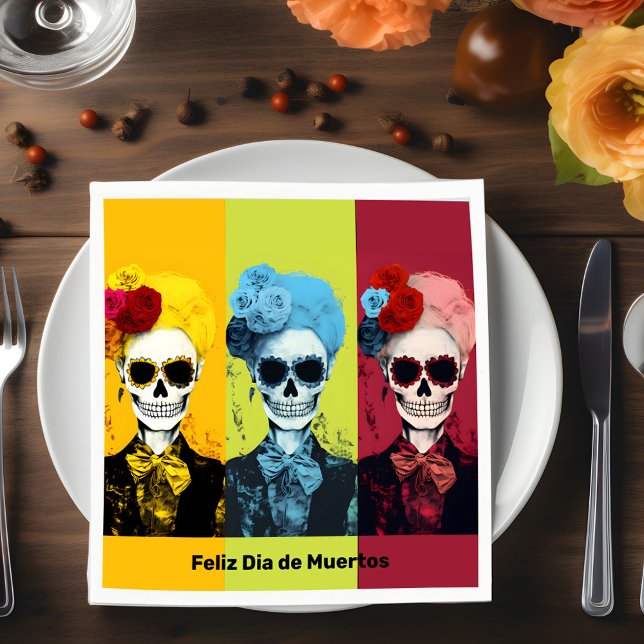 Triptych von Dia de Muertos Calavera Catrina Serviette (Triptych of Dia de Muertos Calavera Catrina Napkins, customizable text)