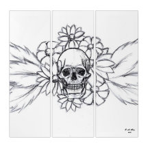 crâne gothique avec des fleurs mort en blanc