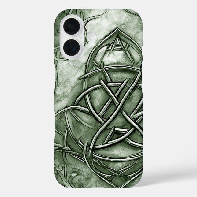 Triquetra Trinity Knot Sage Green Imitats Metallic iPhone 16 Hülle (Rückseite)