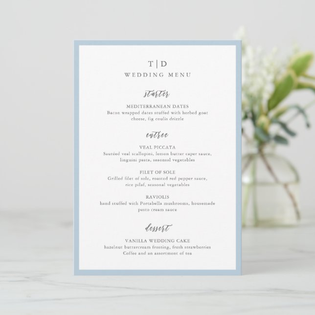 Trisha Powder Blue Modern Wedding Menükarte (Stehend Vorderseite)