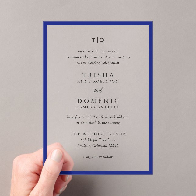 Trisha Royal Blue Modern Wedding Acryleinladungen (Insitu (Handheld))