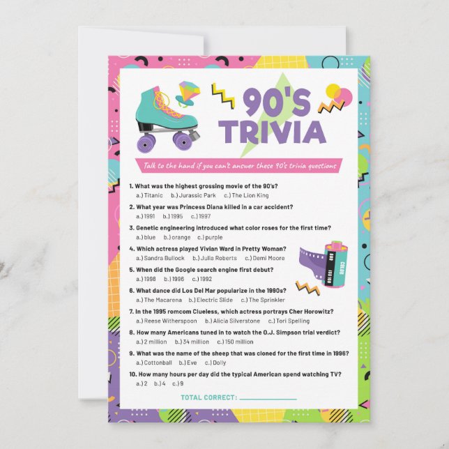 Trivia Party Game Einladung der 90er Jahre (Vorderseite)