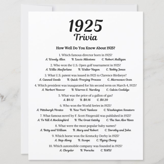 Trivia-Spiel 1925 | 100. Geburtstagsparty (Vorderseite)