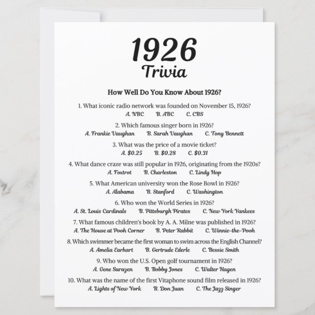 Trivia-Spiel 1926 | Geburtstagsspiel (Vorderseite)