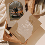 TRIXIE Beige Taupe Retro Arched Photo Boho Wedding Einladung<br><div class="desc">This wedding invitation card features a bohemian arched photo design,  neutral dark taupe swirls,  a boho beige background and retro font and sunburst. Easily edit all colors to meet your needs and swap out the photos on the front and back for a personal touch.</div>