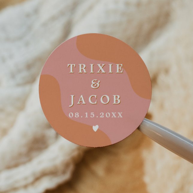 TRIXIE Retro Pink & Orange 70er Jahre Hochzeit Runder Aufkleber (Von Creator hochgeladen)