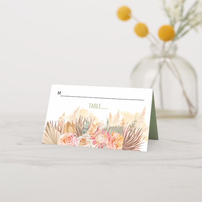 Trockene Blume und Pampasgras, grün gefärbt Platzkarte (Vorderseite)
