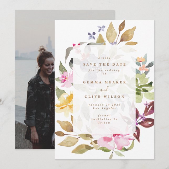 Trockenes Blumenwasser Kunst Hochzeit Foto Save The Date (Vorne/Hinten)
