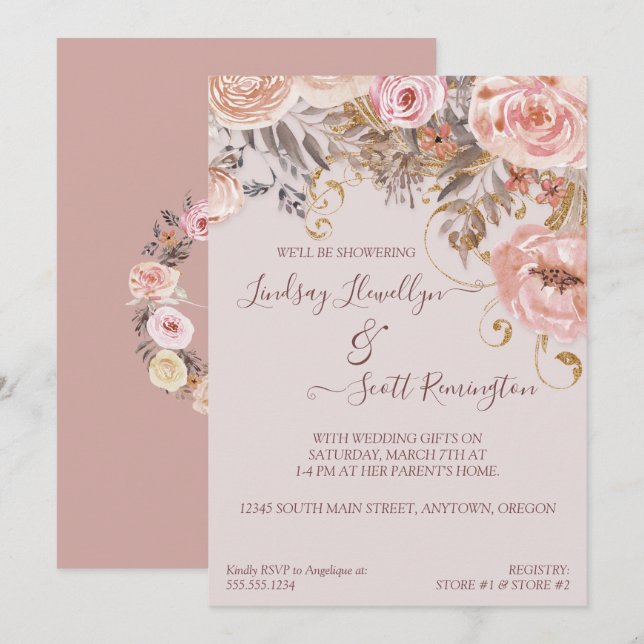 Trockenes Floral Boho Blush Rose Gold Brautparty Einladung (Vorne/Hinten)