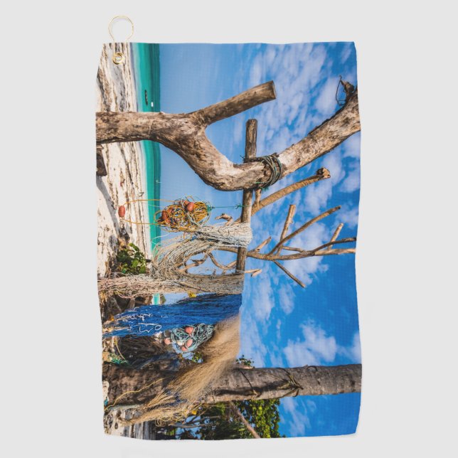 Trocknen der Netze am Strand Golfhandtuch (Vorderseite)