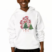 trois axolottes portant des chapeaux de Père Noël