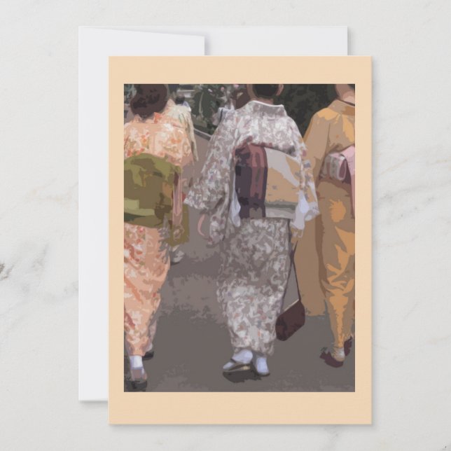 Trois femmes vêtues de kimono sur un carte pour no (Devant)